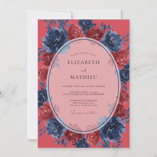 Invitation Mariage peint au corail indigo (Devant)