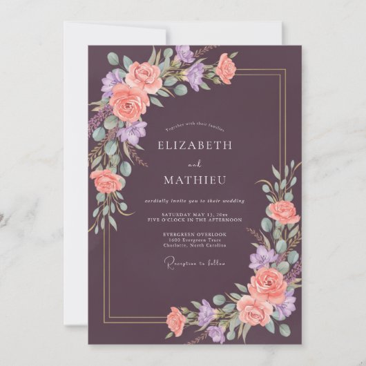 Invitation Mariage peint au corail prune (Devant)
