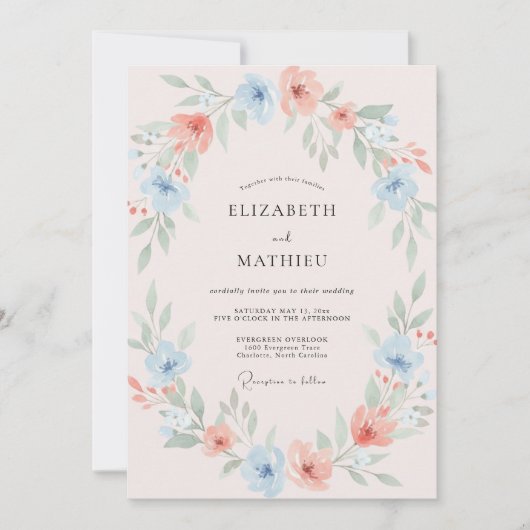 Invitation Mariage peint au corail rose azur (Devant)
