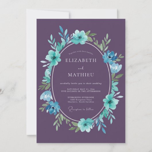 Invitation Mariage peint au cyan prune (Devant)