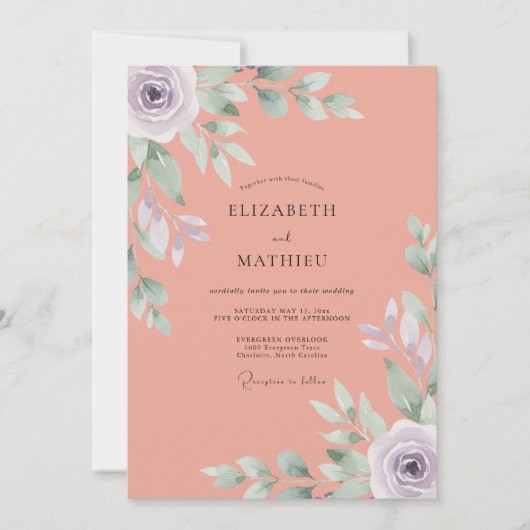 Invitation Mariage peint au lilas corail (Devant)