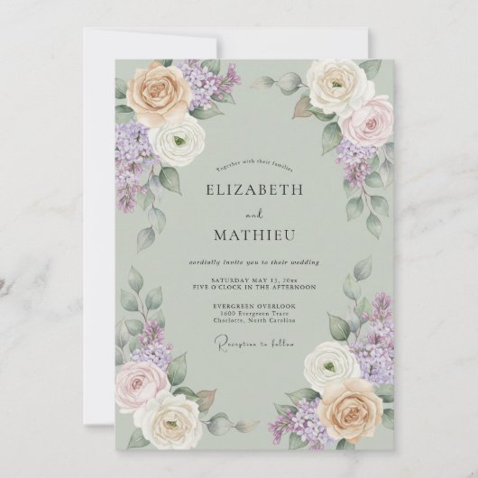 Invitation Mariage Peint au Lilas Mint (Devant)