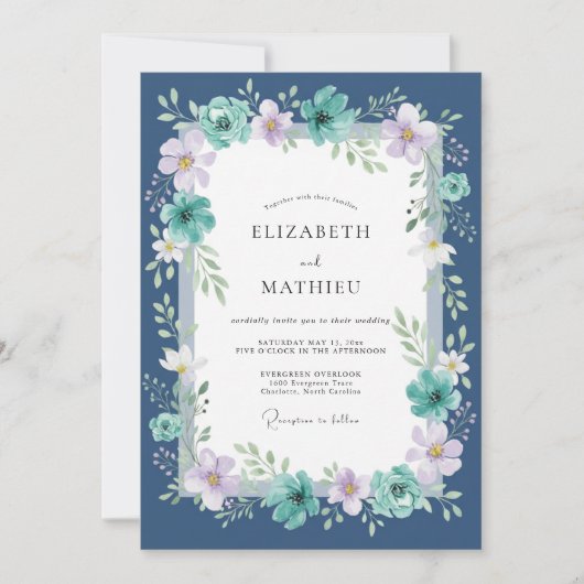 Invitation Mariage peint au lilas sarcelle de minuit (Devant)