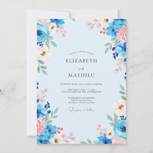 Invitation Mariage Peint au Rose Bleuet (Devant)