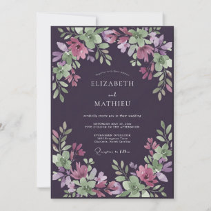 Invitation Mariage peint aubergine lavande