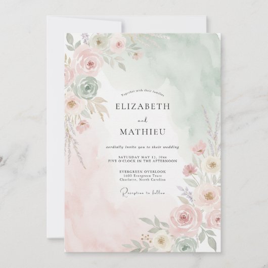 Invitation Mariage peint aux tons de menthe et de pêche (Devant)