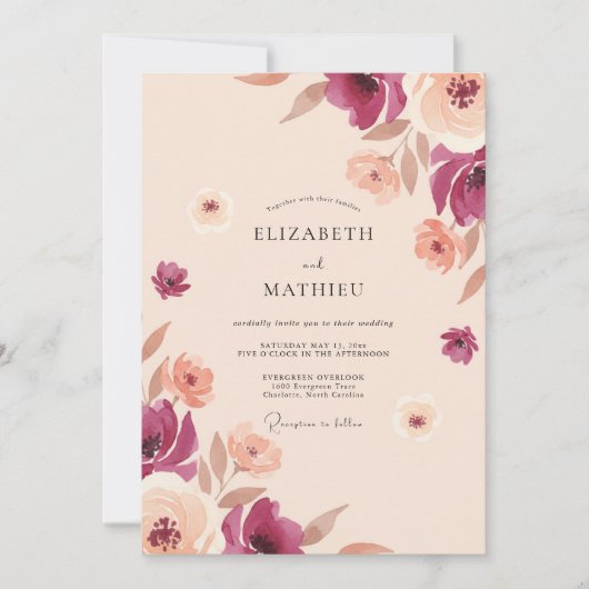Invitation Mariage peint aux tons de prune et de pêche (Devant)