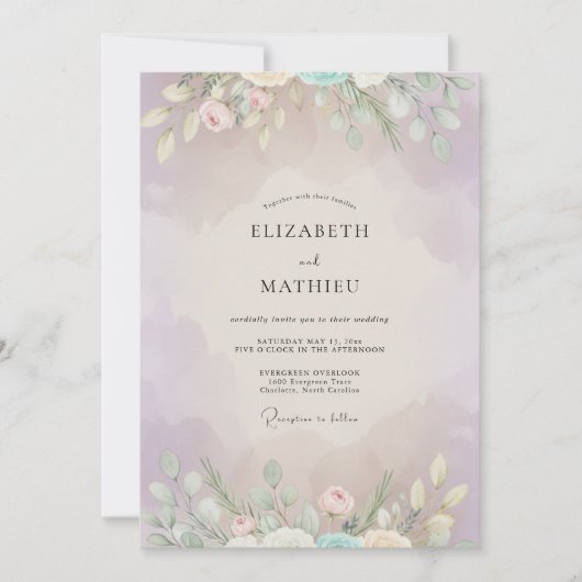 Invitation Mariage Peint aux Tons Lilas et Menthe (Devant)