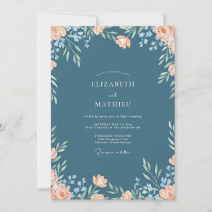 Invitation Mariage peint bleu acier et pêche