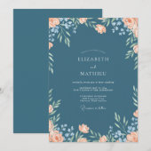 Invitation Mariage peint bleu acier et pêche (Devant / Derrière)