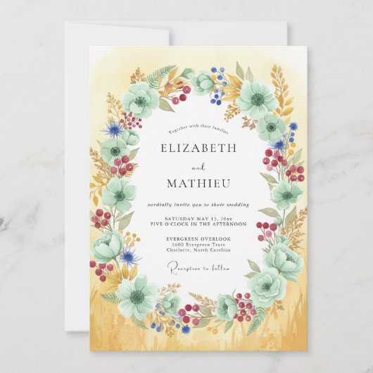Invitation Mariage peint bordeaux menthe (Devant)