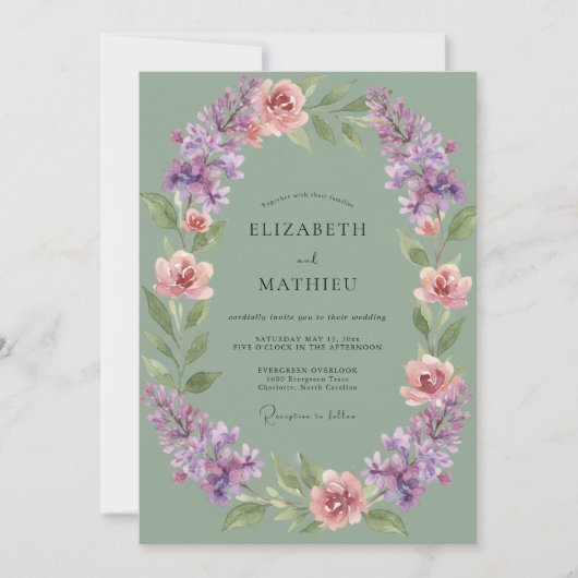Invitation Mariage peint Céladon Améthyste (Devant)