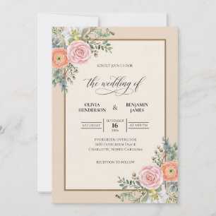 Invitation Mariage peint Champagne Corail Blush
