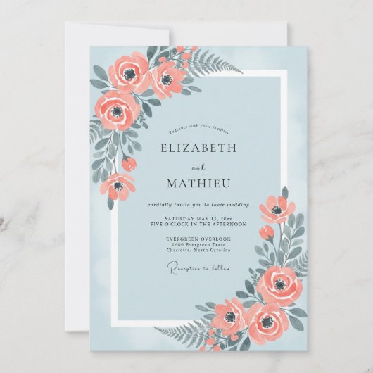 Invitation Mariage peint corail azur (Devant)