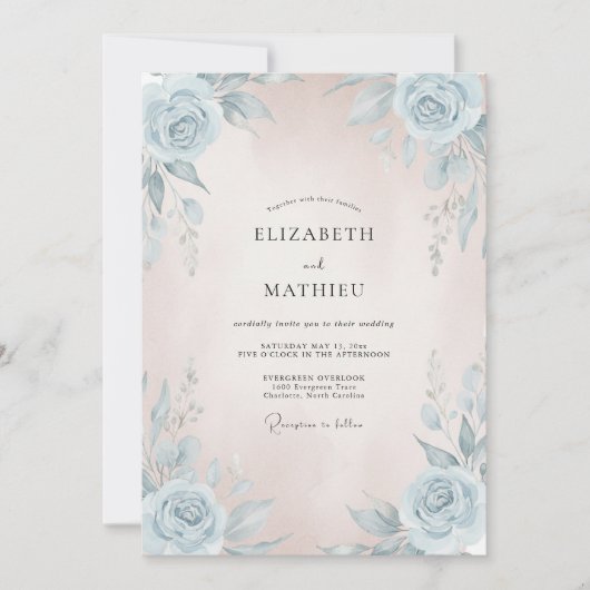 Invitation Mariage peint d'Azur rose (Devant)