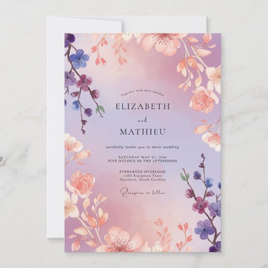 Invitation Mariage peint de corail et d'orchidée (Devant)