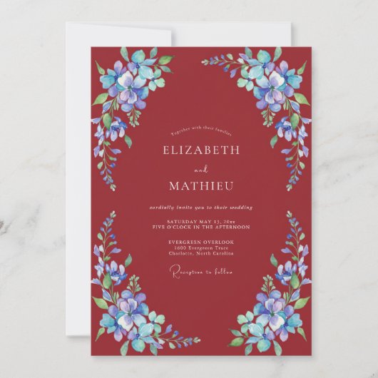 Invitation Mariage Peint de Mariage Pourpre et Pervenche (Devant)