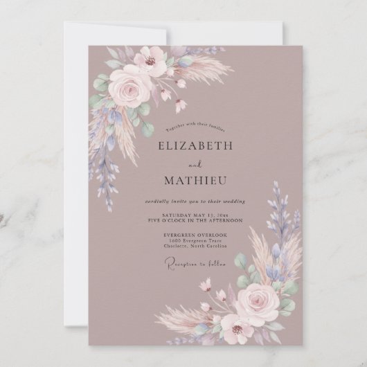 Invitation Mariage peint de Pampas Taupe (Devant)