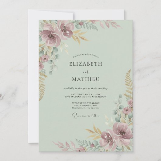 Invitation Mariage peint de prune céladon (Devant)