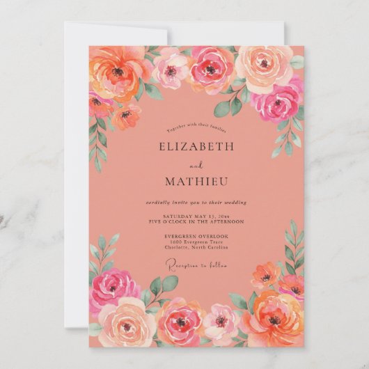 Invitation Mariage peint de rose antique corail (Devant)