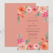 Invitation Mariage peint de rose antique corail (Devant / Derrière)