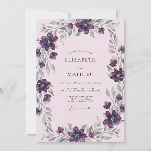 Invitation Mariage peint en argent et prune (Devant)