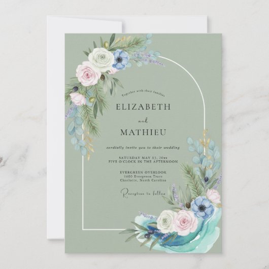 Invitation Mariage peint en azur céladon (Devant)
