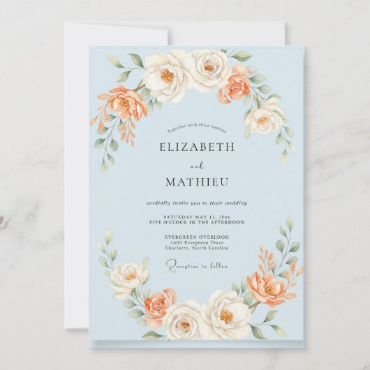 Invitation Mariage peint en bleu pêche poudré (Devant)