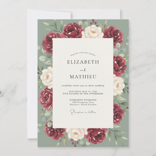 Invitation Mariage peint en céladon bordeaux (Devant)