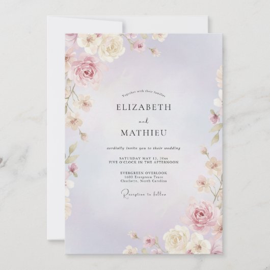 Invitation Mariage Peint en Crème Douce Lilas (Devant)