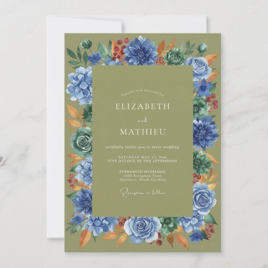 Invitation Mariage peint en olive cobalt (Devant)