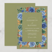 Invitation Mariage peint en olive cobalt (Devant / Derrière)