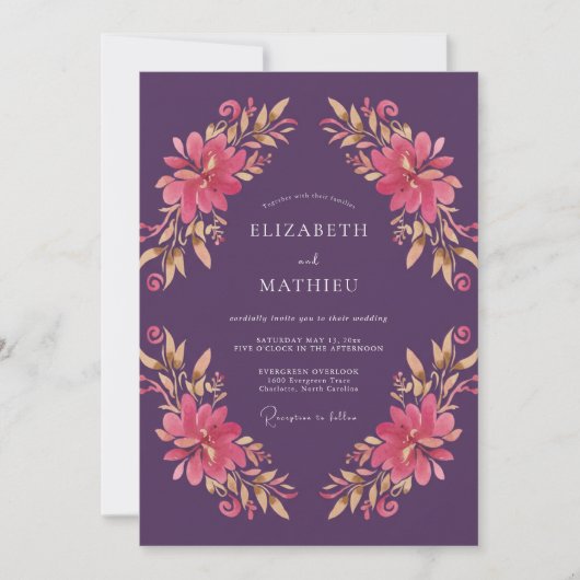 Invitation Mariage peint en or chaud prune (Devant)