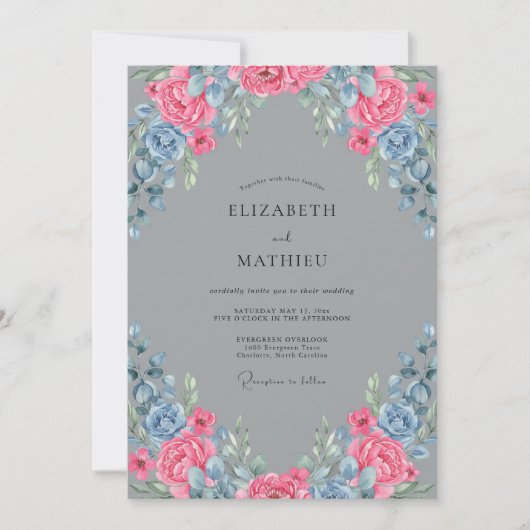 Invitation Mariage Peint en Rose Bleu (Devant)