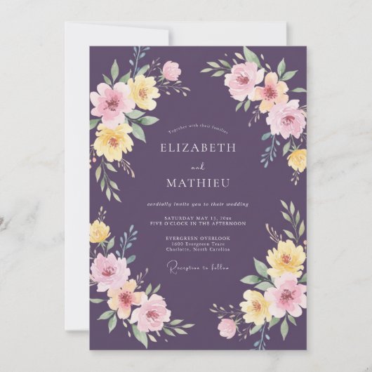 Invitation Mariage peint en rose jaune prune (Devant)