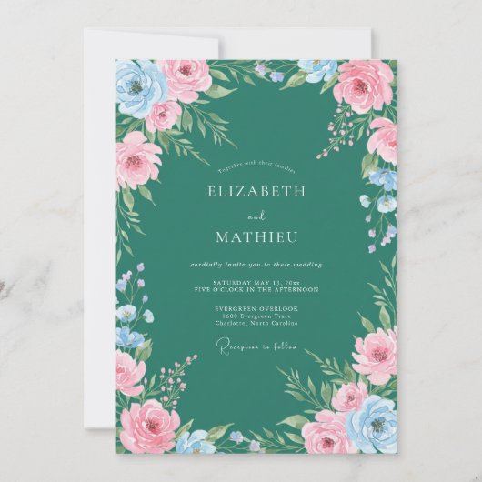 Invitation Mariage peint en rose sarcelle (Devant)
