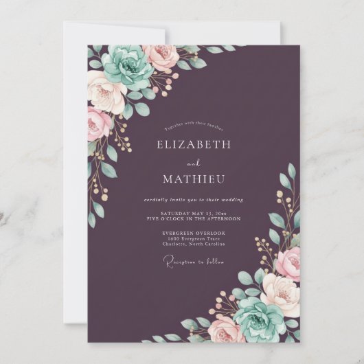 Invitation Mariage peint en sarcelle prune (Devant)