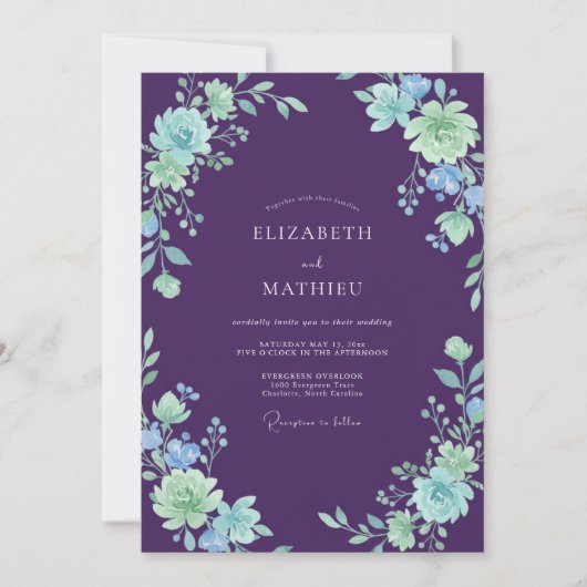 Invitation Mariage peint en violet profond et menthe (Devant)