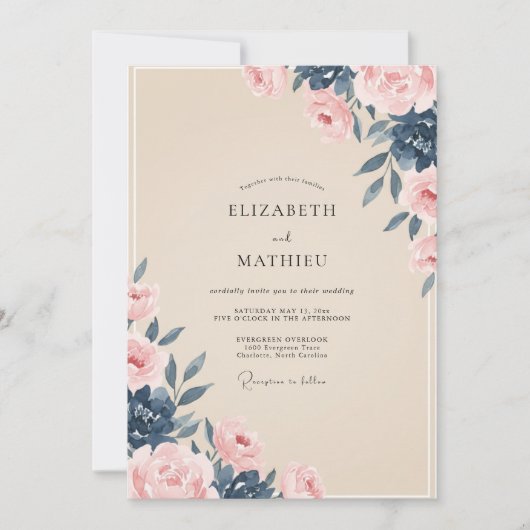 Invitation Mariage peint indigo pêche (Devant)