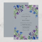 Invitation Mariage peint indigo violet jardin (Devant / Derrière)