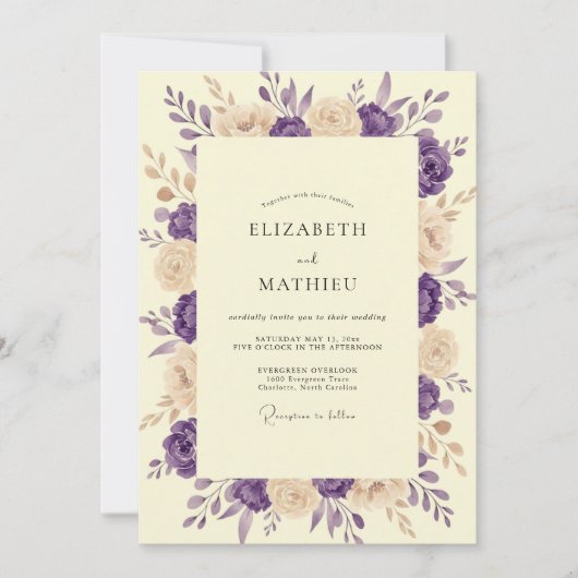 Invitation Mariage peint Ivoire et Prune (Devant)