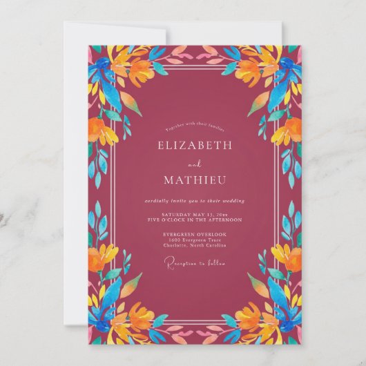 Invitation Mariage peint orange bordeaux tropical (Devant)