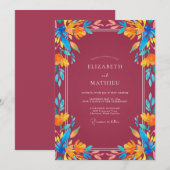 Invitation Mariage peint orange bordeaux tropical (Devant / Derrière)