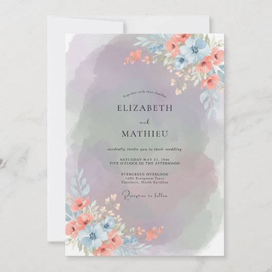 Invitation Mariage peint Pêche chaude et Pervenche (Devant)