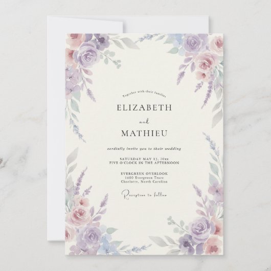 Invitation Mariage peint Pervenche et Douce Lavande (Devant)