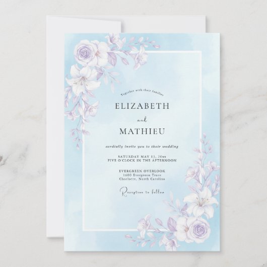 Invitation Mariage peint Pervenche Lilas atténué (Devant)