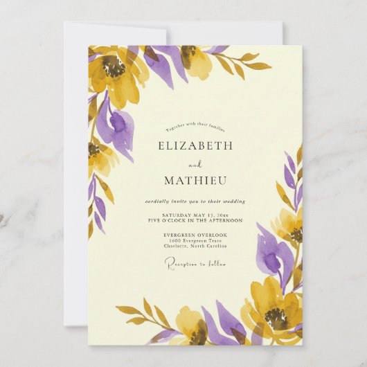 Invitation Mariage peint rustique jaune violet (Devant)