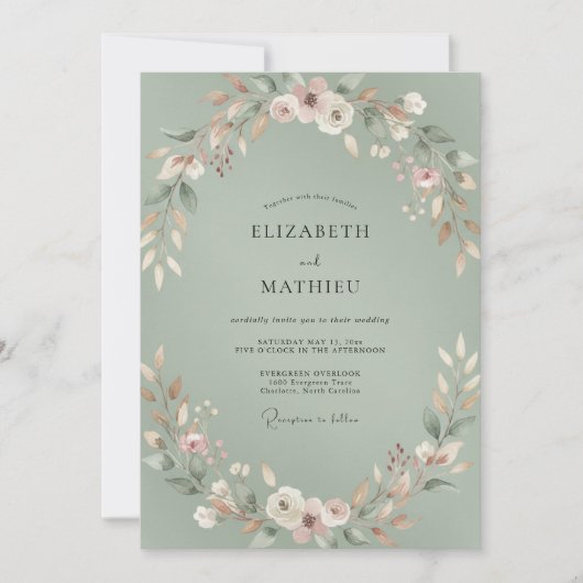 Invitation Mariage peint sur feuillage céladon (Devant)
