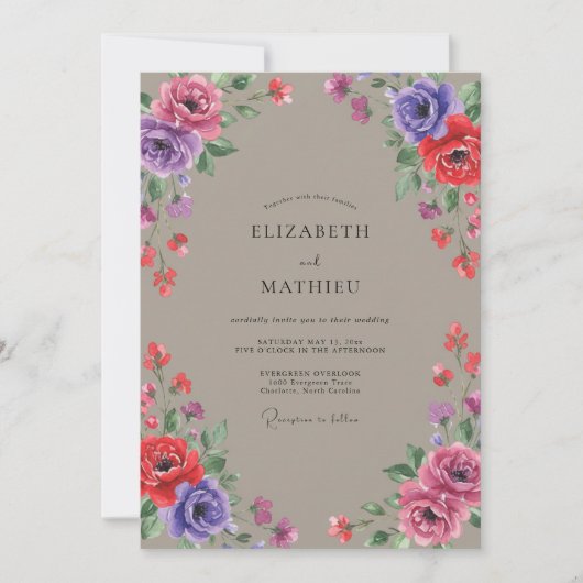 Invitation Mariage Peint Taupe Violet (Devant)