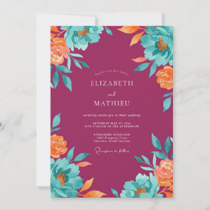 Invitation Mariage peint turquoise et prune de jardin